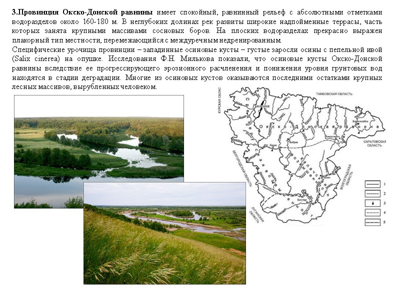 3.Провинция Окско-Донской равнины имеет спокойный, равнинный рельеф с абсолютными отметками водоразделов около 160-180 м.